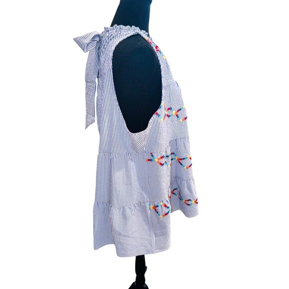 Savanna Jane Blue White Striped Sleeveless Top Embroidery Bow 1X Beach Resort - Picture 4 of 8